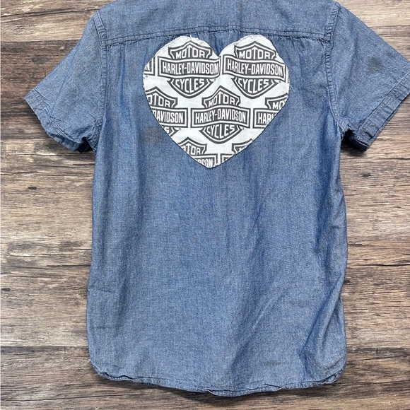 Arizona Jean Company Harley Davidson Patch Blue Button Down Shirt Short Sleeves - Picture 2 of 3